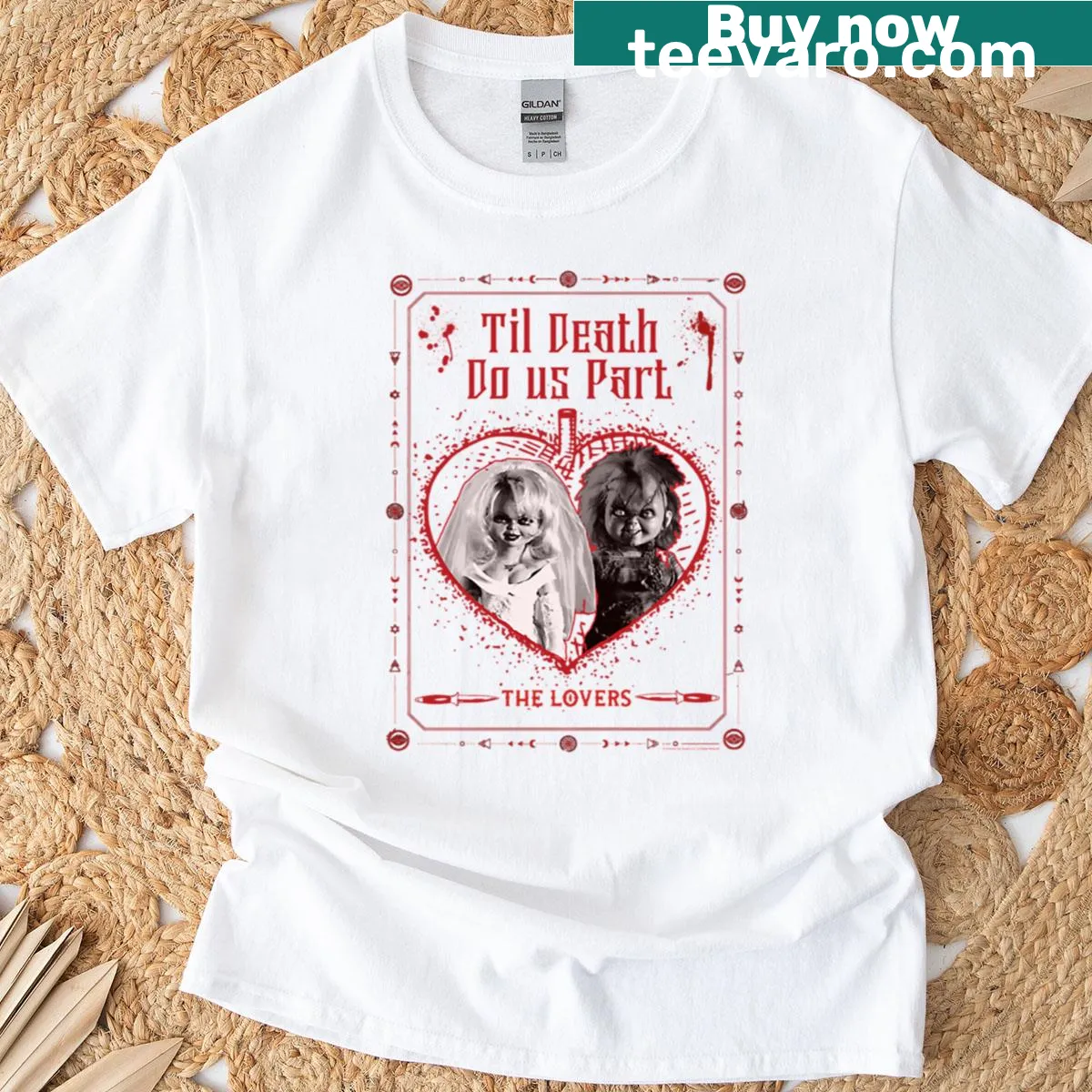 Chucky Valentine's Day T-shirt with dark humor graphic — on a men's t-shirt