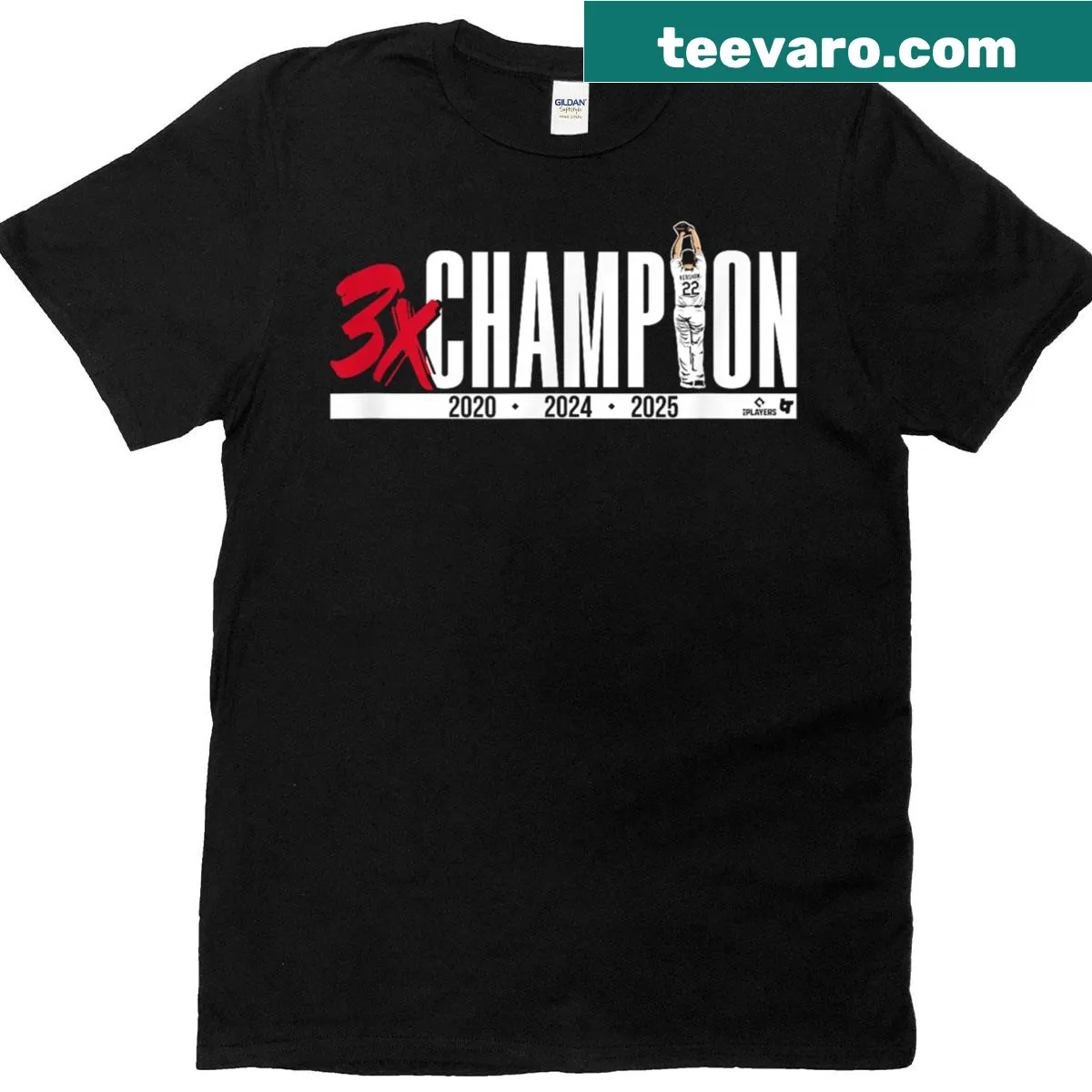 Clayton Kershaw three-time champion graphic on T-shirt — on a men's t-shirt
