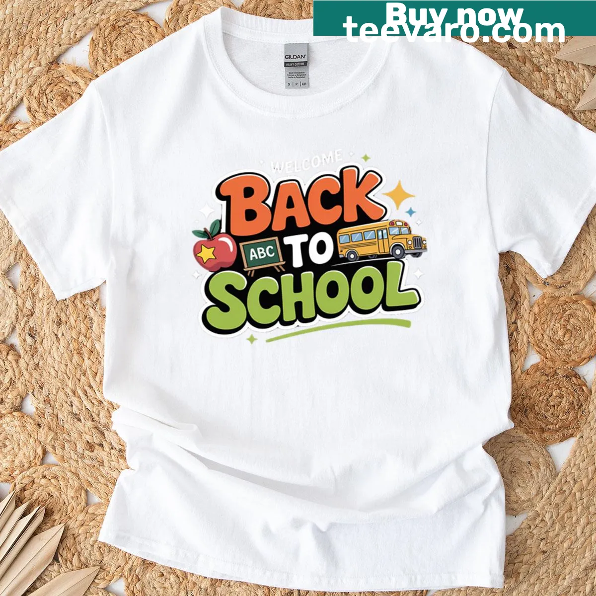 Colorful school bus design on a T-shirt celebrating back to school — on a men's t-shirt