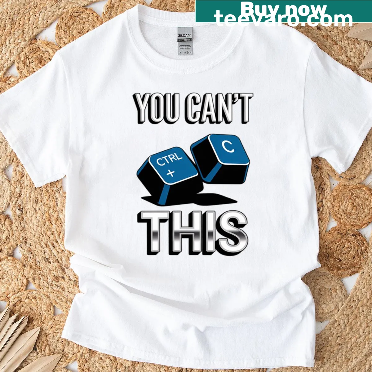 Funny programmer tee with 'You Can't Copy This' text and Control C motif — on a men's t-shirt