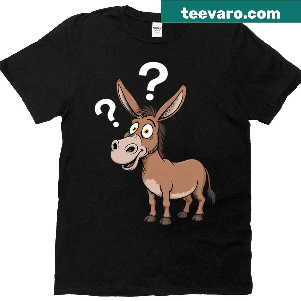 Cartoon T-shirt featuring a confused donkey for humorous moments — on a men's t-shirt