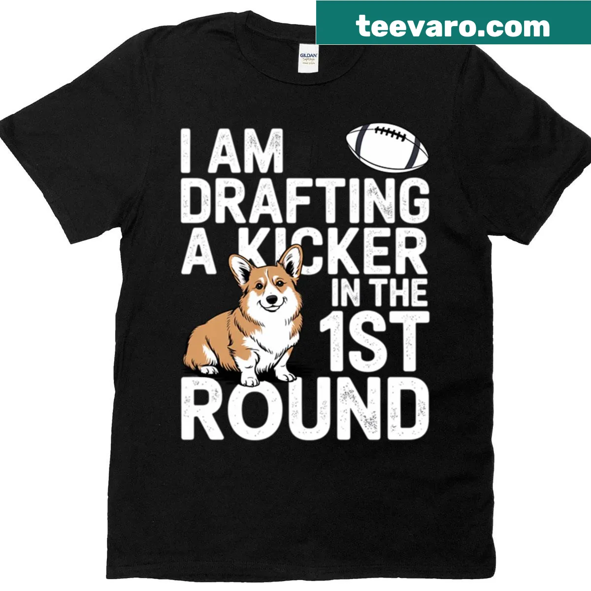 Playful T-shirt featuring a confused corgi and fantasy football kicker design. — on a men's t-shirt