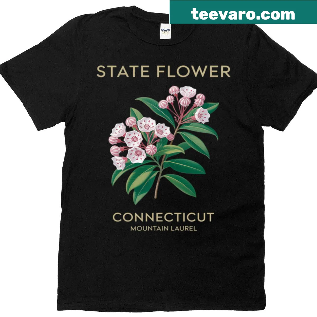 Illustrated Kalmia Latifolia flower design on Connecticut T-shirt — on a men's t-shirt