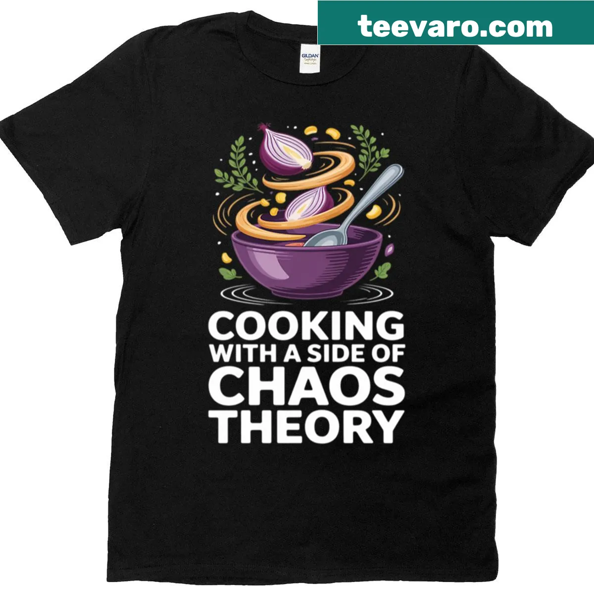 Humorous cooking T-shirt with 'Cooking With A Side Of Chaos Theory' text — on a men's t-shirt