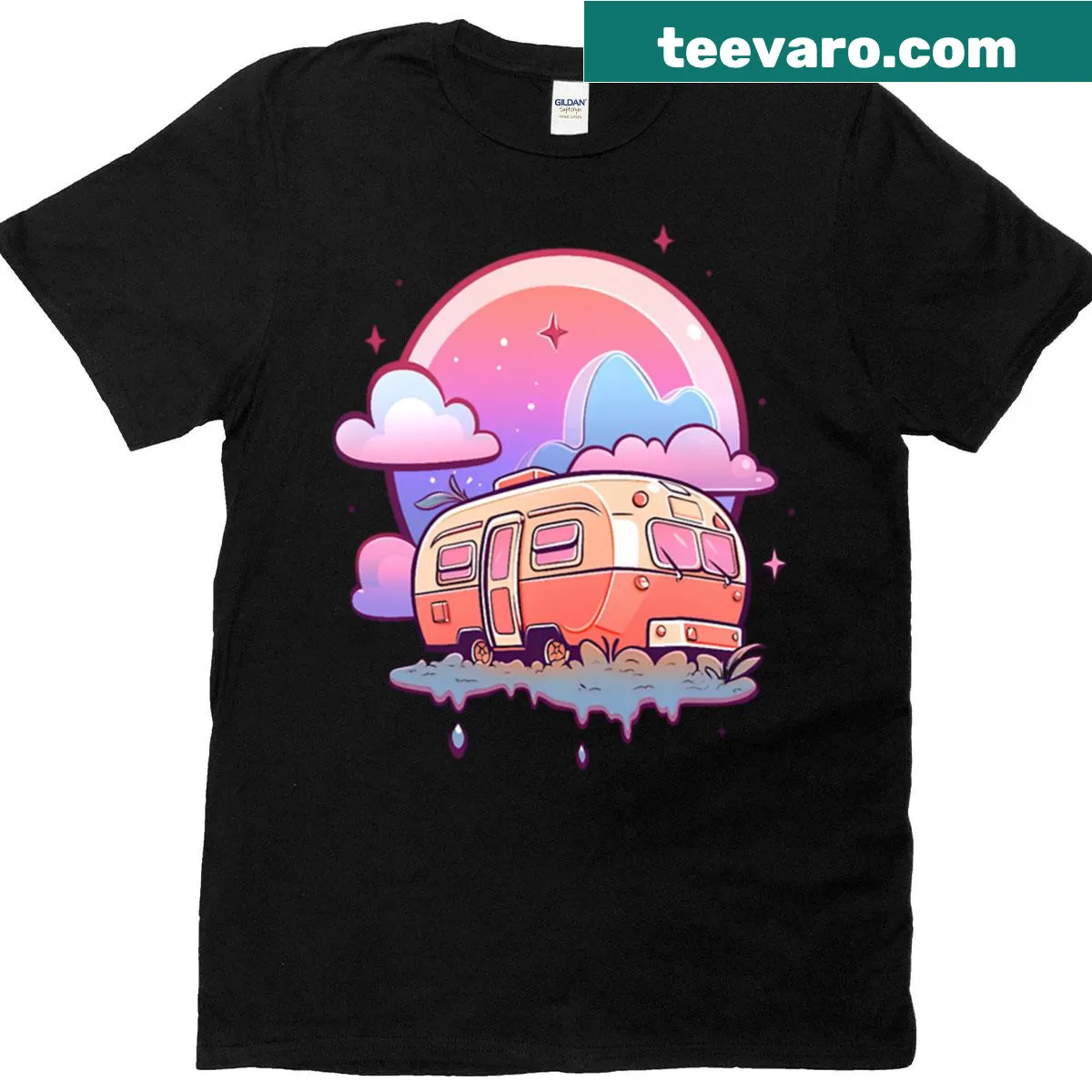 Graphic of an Airstream trailer against mountains on a T-shirt — on a men's t-shirt