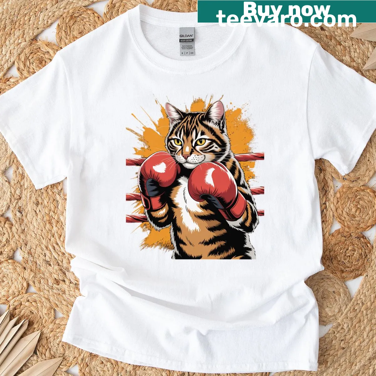 Cartoon cat in boxing gloves on a humorous T-shirt — on a men's t-shirt