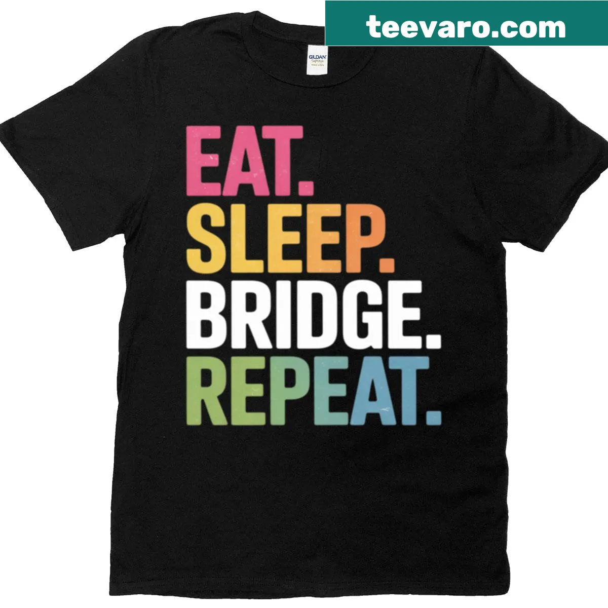 Illustrative shirt with playful card symbols and humorous text for bridge players — on a men's t-shirt