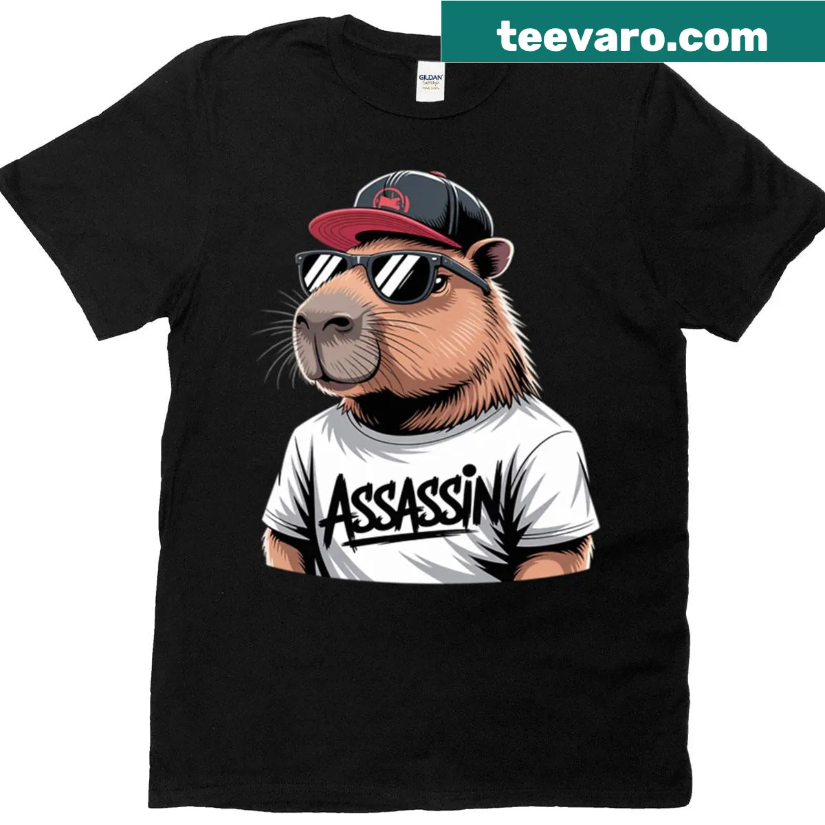 Capybara in sunglasses graphic T-shirt — on a men's t-shirt