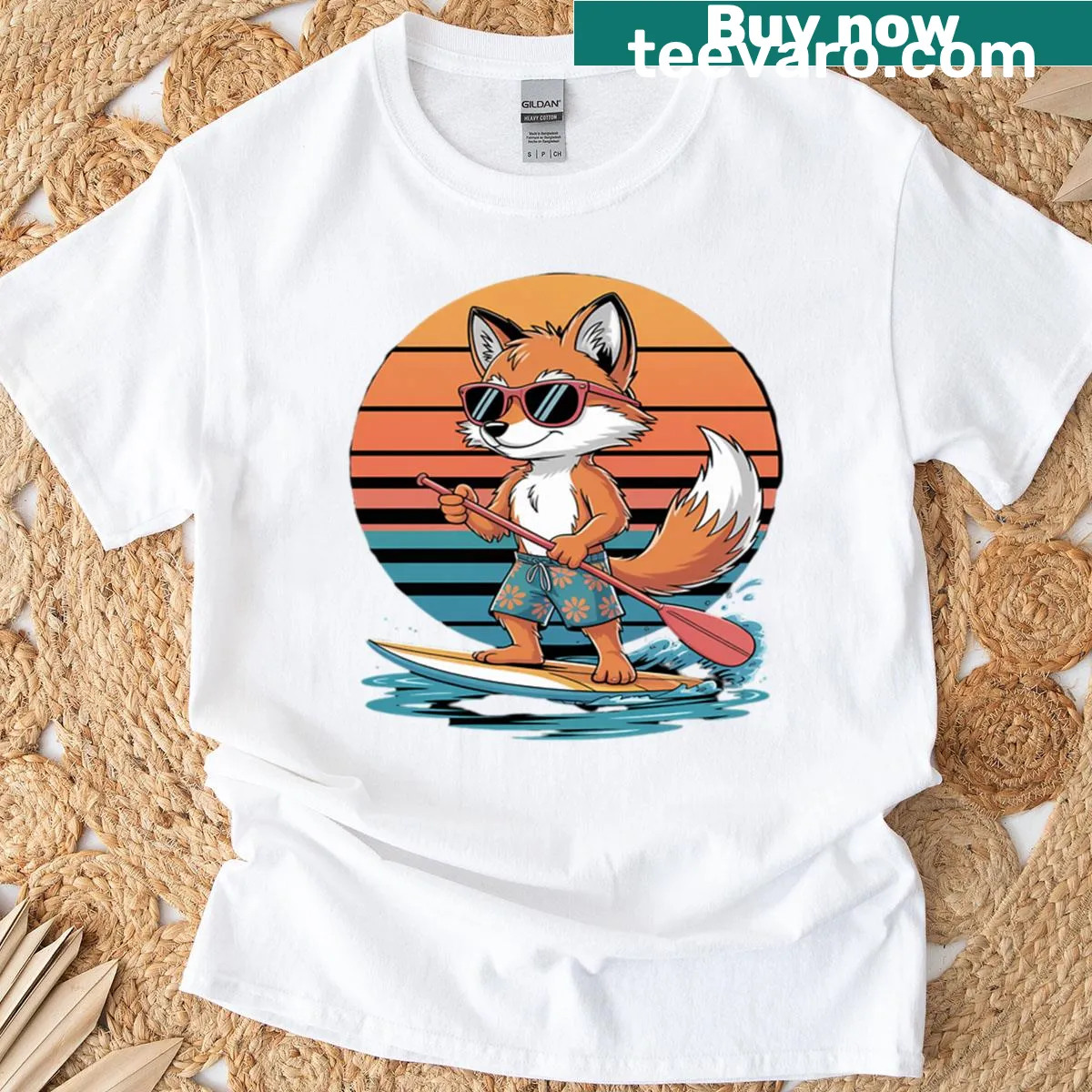 Stylish fox in sunglasses paddleboarding graphic on a t-shirt — on a men's t-shirt