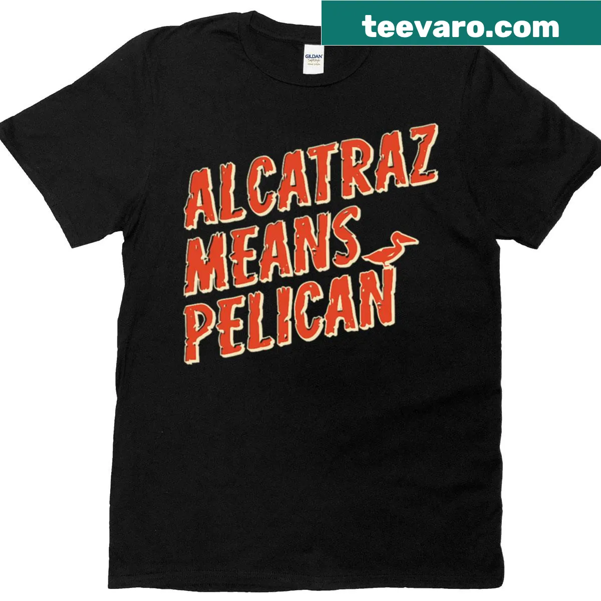Typography pelican t-shirt with the phrase 'Ealcatraz Means Pelican.' — on a men's t-shirt