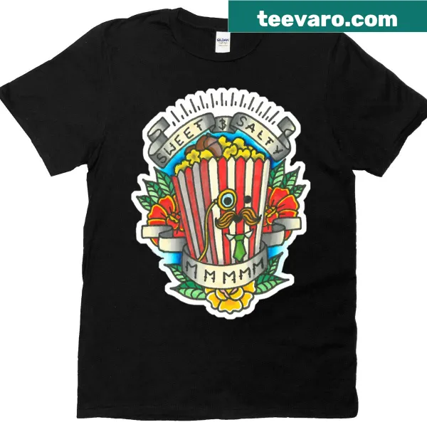 T-shirt featuring Edetective podcast tattoo art design with popcorn motif