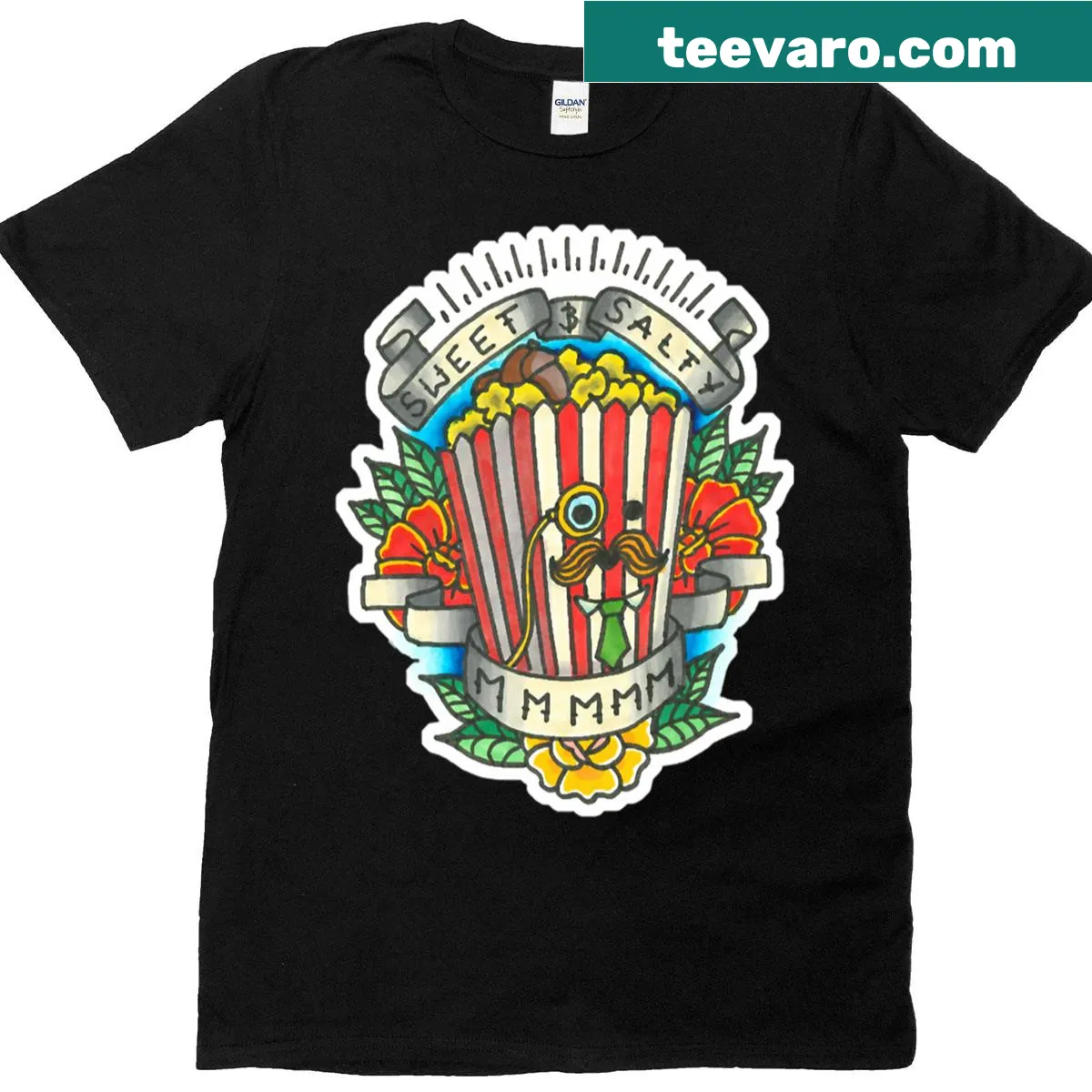 T-shirt featuring Edetective podcast tattoo art design with popcorn motif — on a men's t-shirt