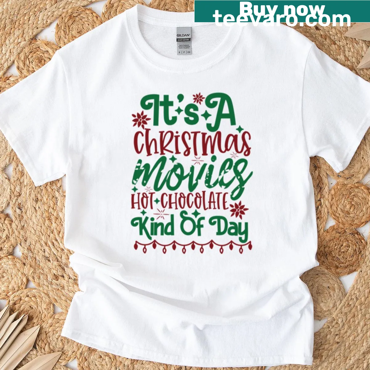 Holiday lettering design for Christmas movie night t-shirt — on a men's t-shirt