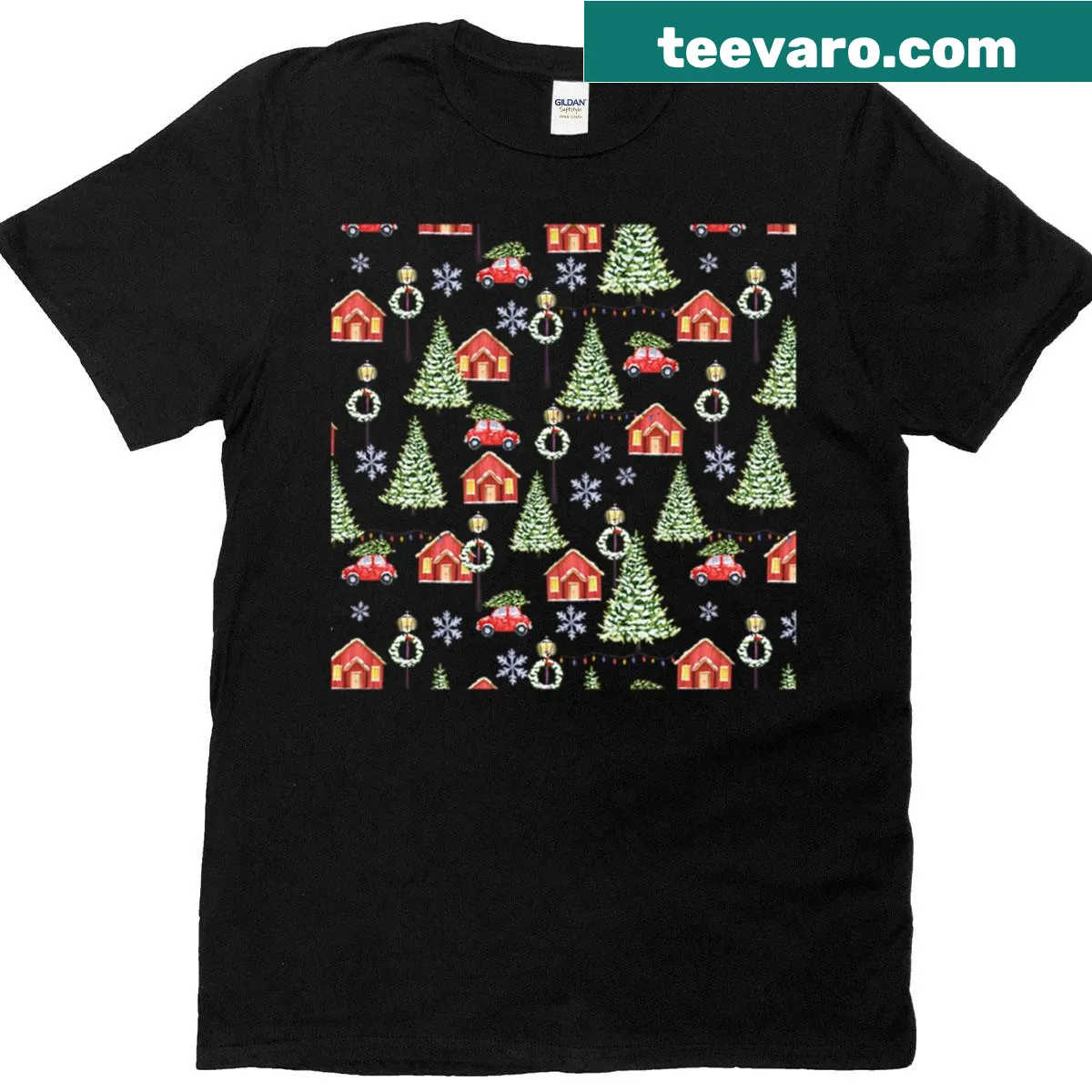 Christmas village illustration on a holiday-themed T-shirt — on a men's t-shirt