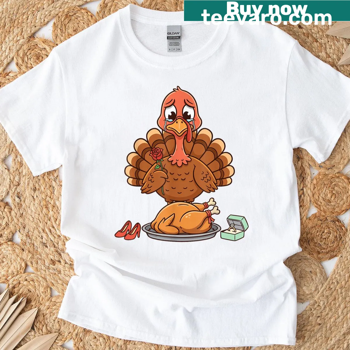 Crying turkey holding a rose graphic t-shirt — on a men's t-shirt