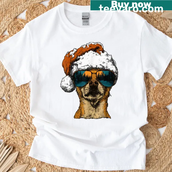 Chihuahua wearing sunglasses and Santa hat on a Christmas T-shirt