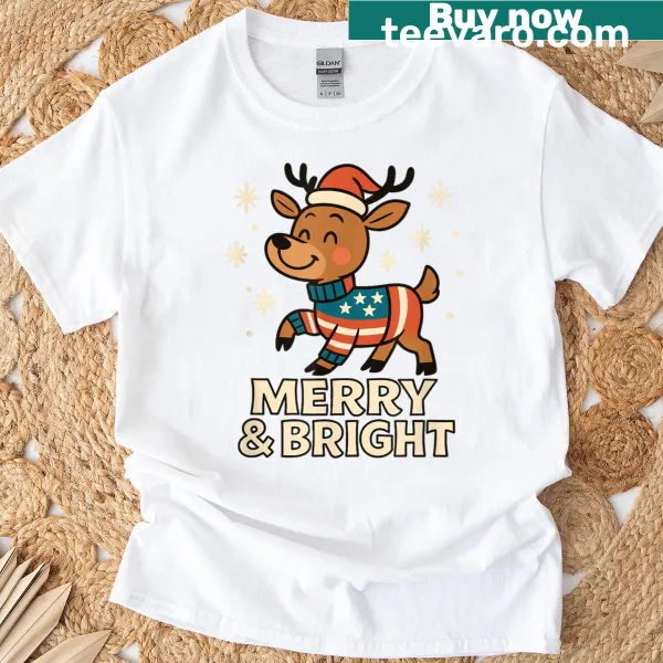 Cute Christmas T-shirt with reindeer illustration and merry text