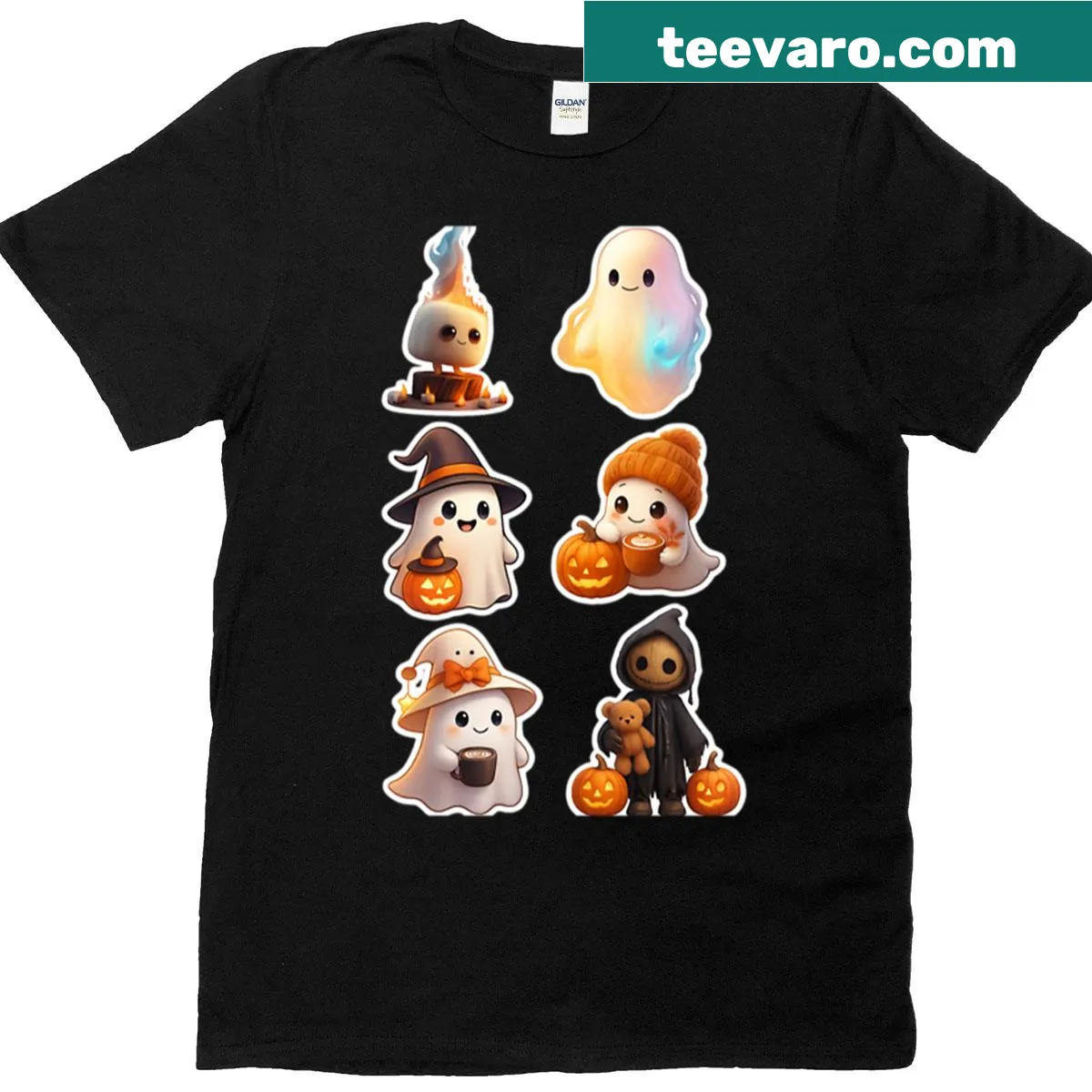 Cute Halloween T-shirt with ghost and pumpkin graphics — on a men's t-shirt