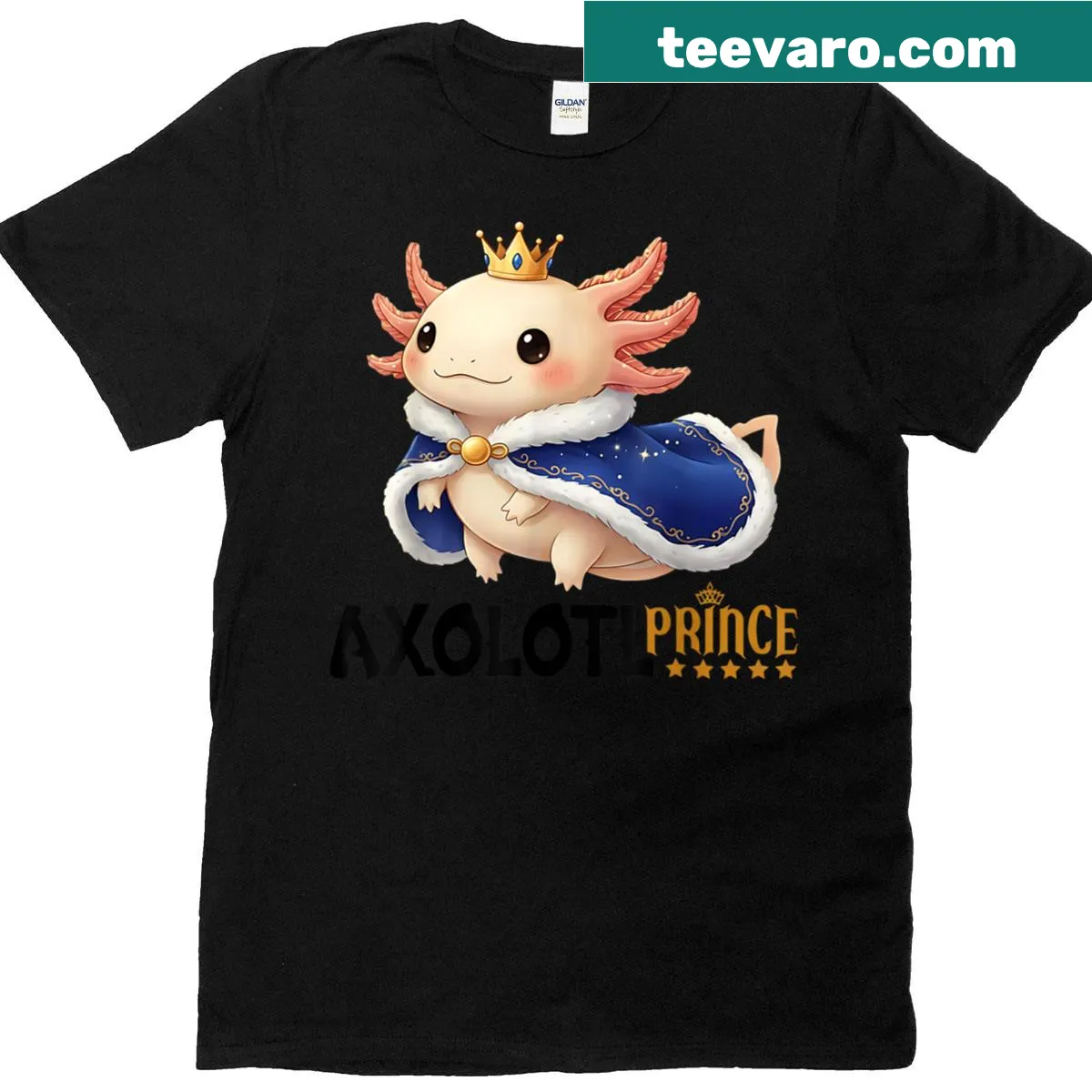Kawaii axolotl with a crown in a playful design on T-shirt — on a men's t-shirt