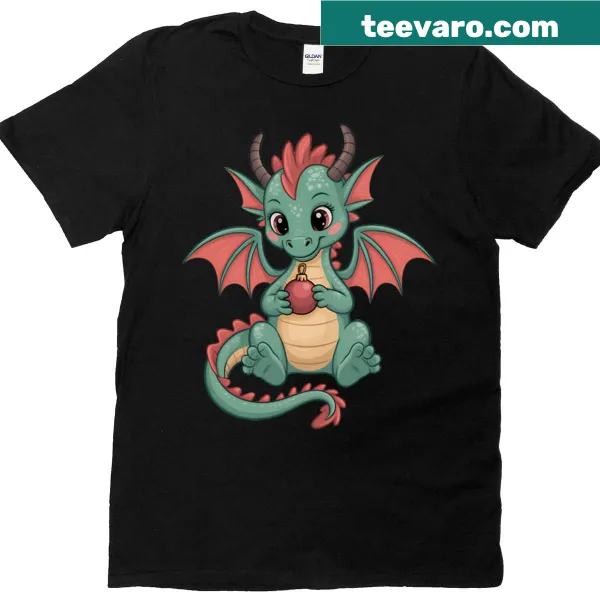 Adorable green baby dragon holding a Christmas ornament