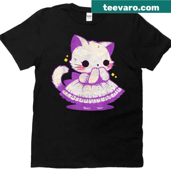 Vintage-style T-shirt featuring a cute kitten design with pastel goth elements