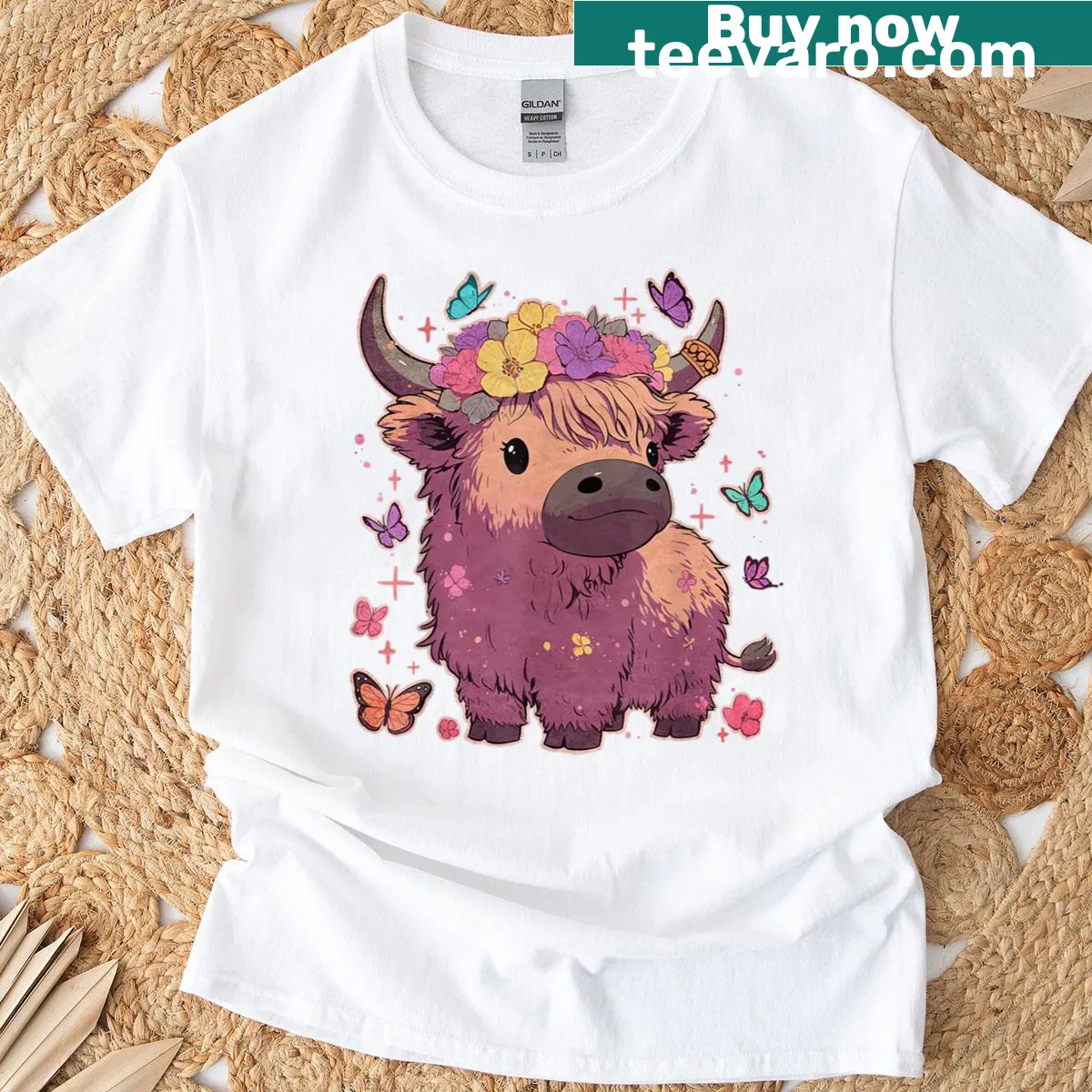Illustration of a baby calf with wildflowers on a t-shirt — on a men's t-shirt