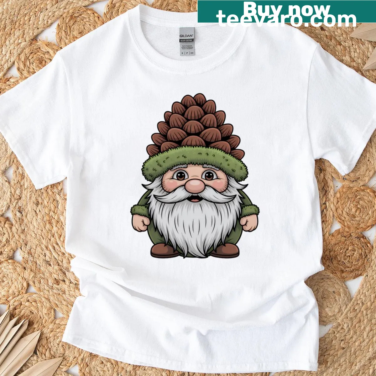 Cartoon woodland gnome with pinecone hat design on a t-shirt — on a men's t-shirt