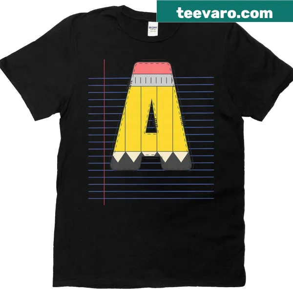 Illustration of a yellow pencil and letter A on a school-themed t-shirt