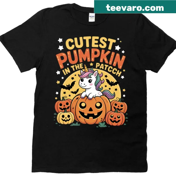 Kawaii Halloween T-shirt with unicorn and pumpkin graphic