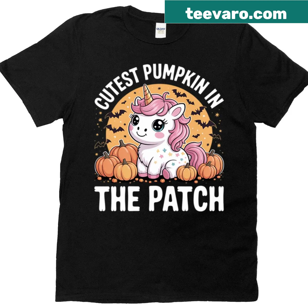 Cute unicorn witch among pumpkins Halloween T-shirt — on a men's t-shirt