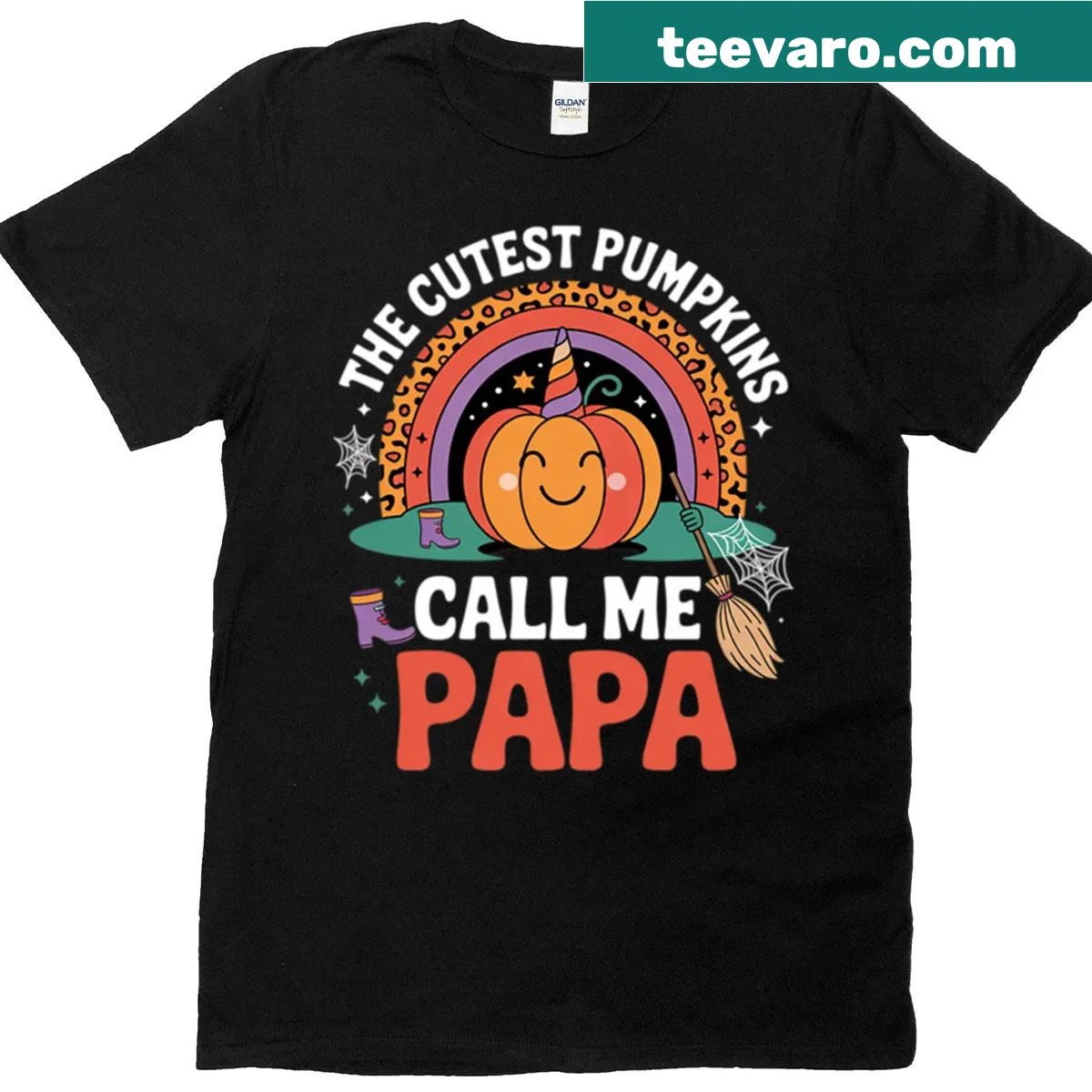 Cute Halloween T-shirt with a unicorn and pumpkins graphic for grandpas. — on a men's t-shirt