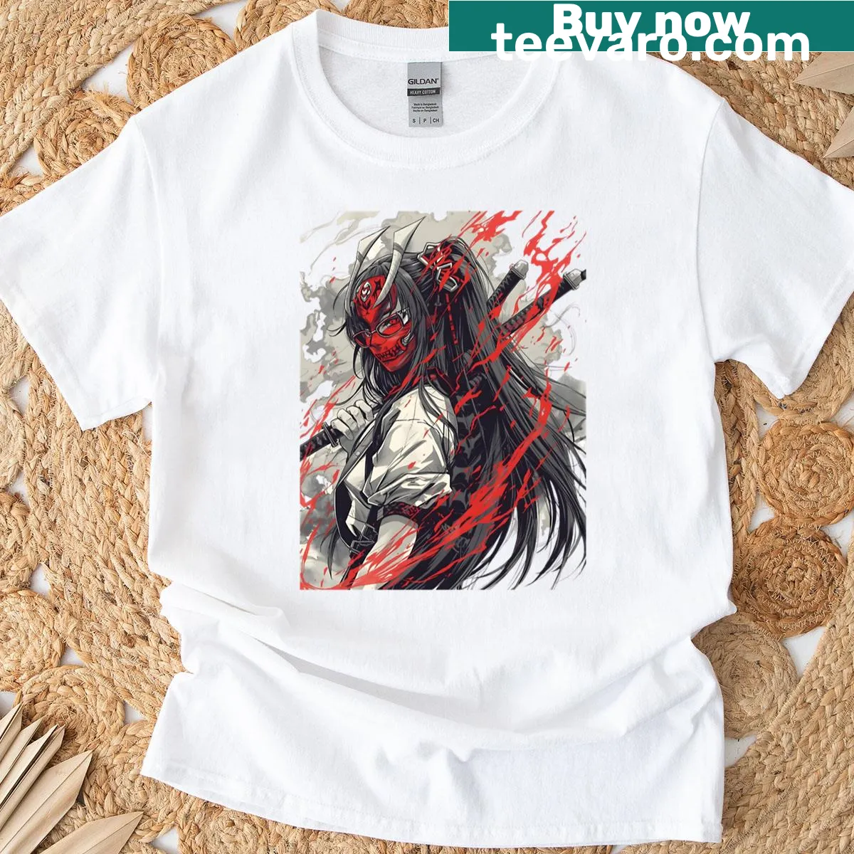 T-shirt featuring a samurai girl with a red oni mask and dual katanas — on a men's t-shirt