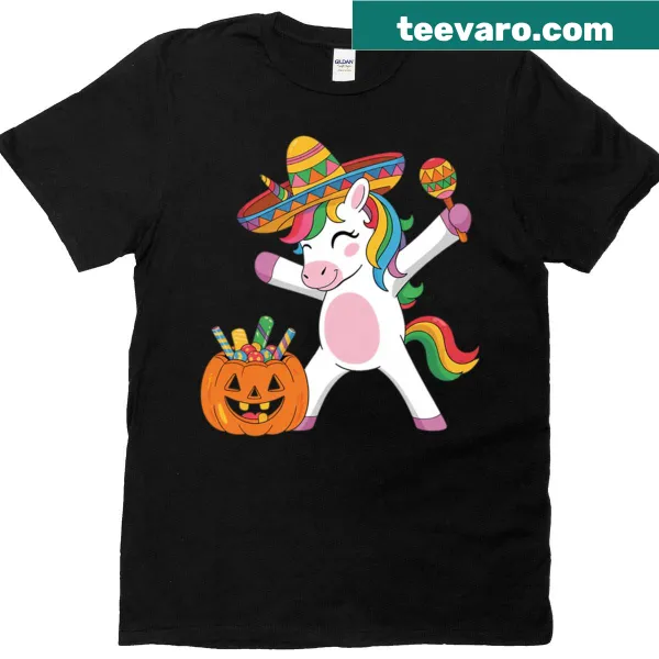 Cartoon dabbing unicorn with candy graphic on Halloween T-shirt.