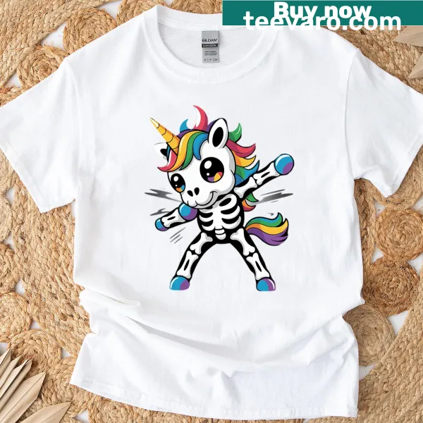 Dabbing unicorn skeleton graphic T-shirt for Halloween