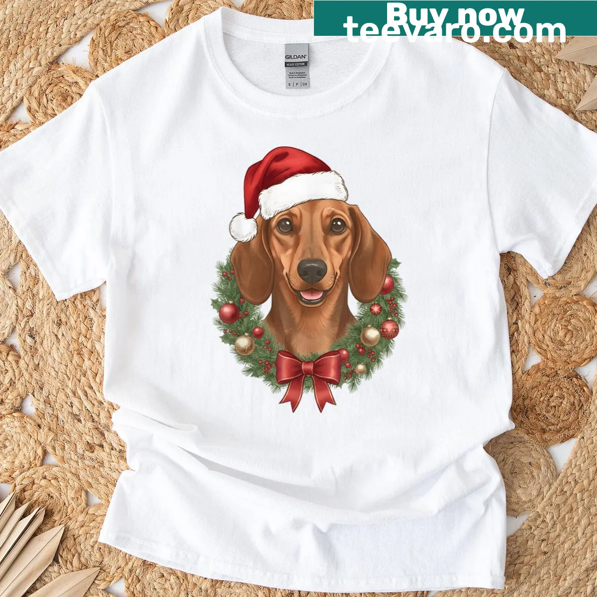 Dachshund in a Christmas wreath illustration on a t-shirt — on a men's t-shirt