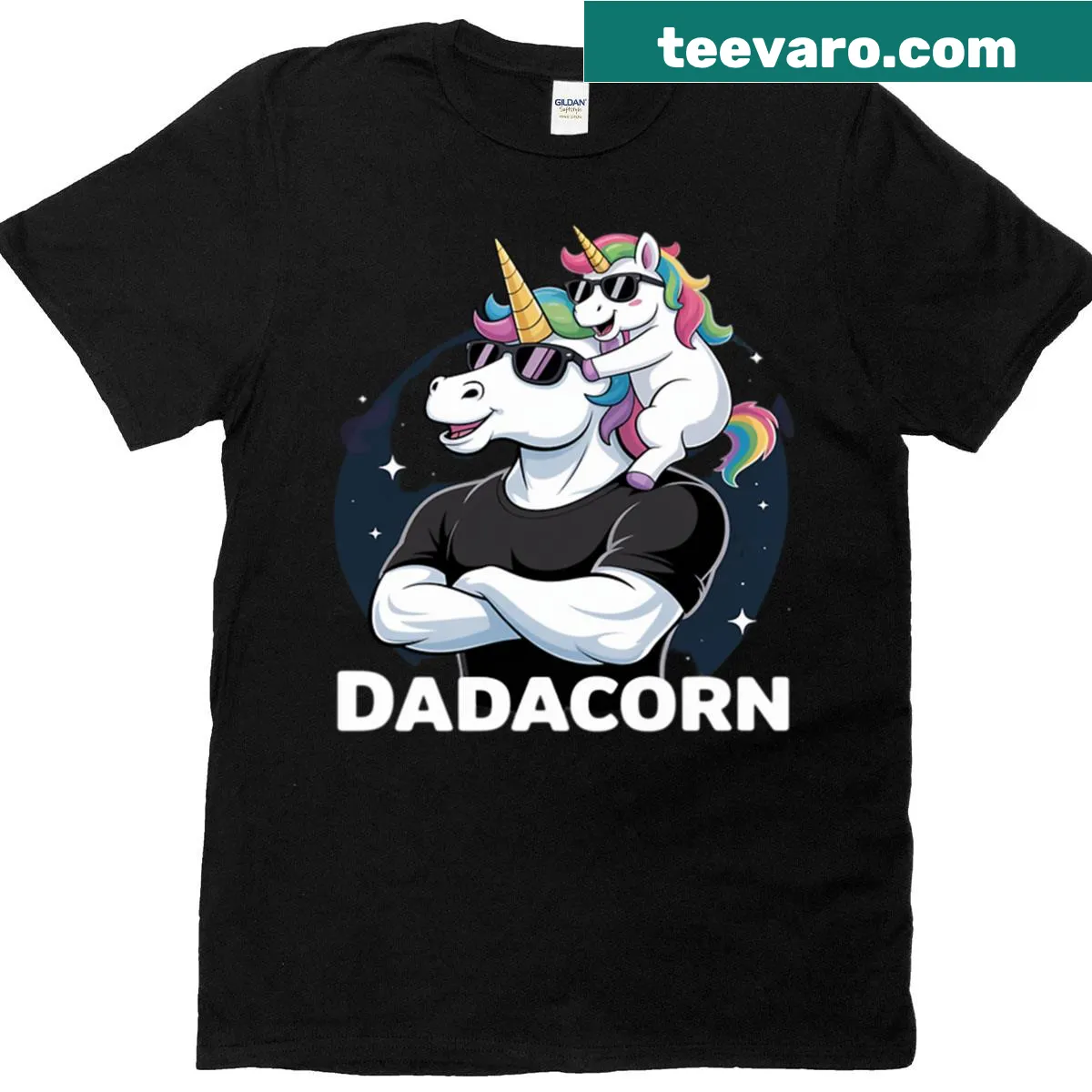 Father's Day T-shirt featuring Dadacorn unicorn graphic — on a men's t-shirt