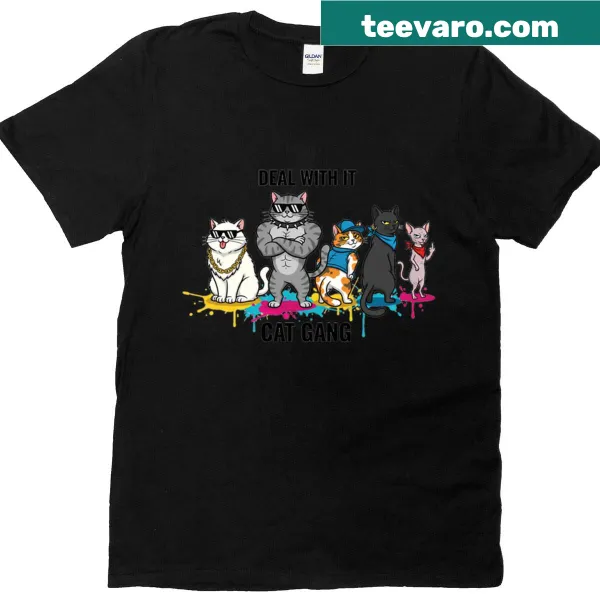 Cartoon cat design with sunglasses and humorous text on T-shirt