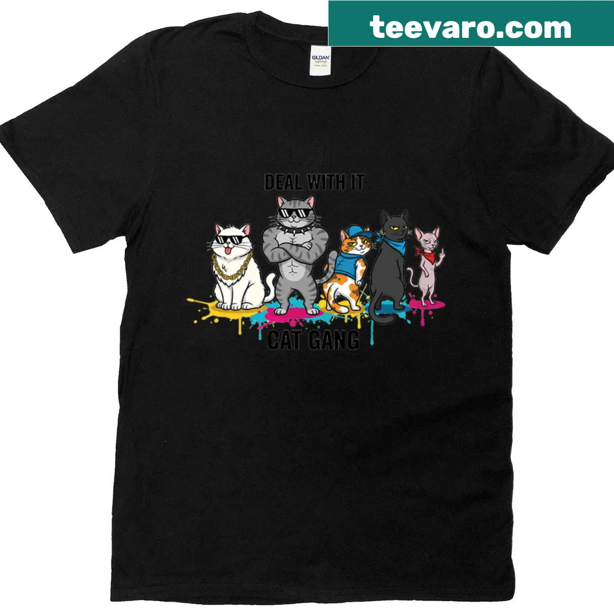 Cartoon cat design with sunglasses and humorous text on T-shirt — on a men's t-shirt