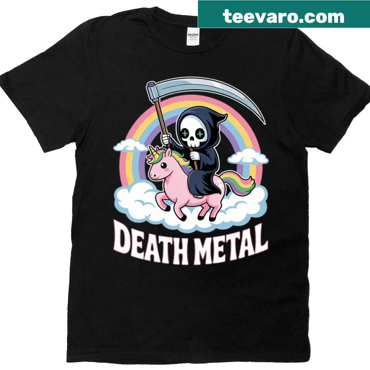 Graphic t-shirt with Grim Reaper riding a unicorn for Halloween — on a men's t-shirt