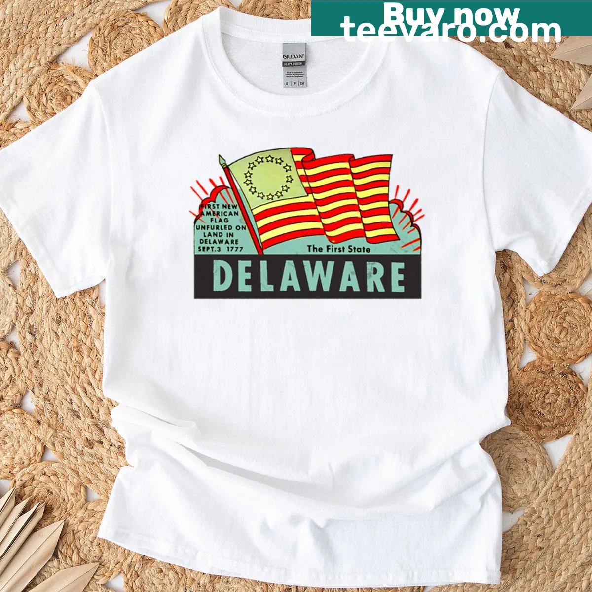 Vintage-style travel decal for Delaware, the First State — on a men's t-shirt