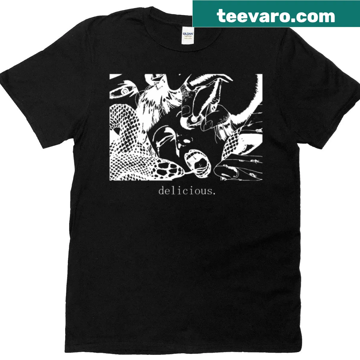 Funny t-shirt featuring the word 'Delicious' in a playful design — on a men's t-shirt