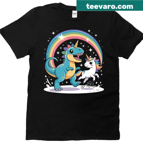 Dinosaur riding a unicorn in a colorful galaxy illustration on a t-shirt
