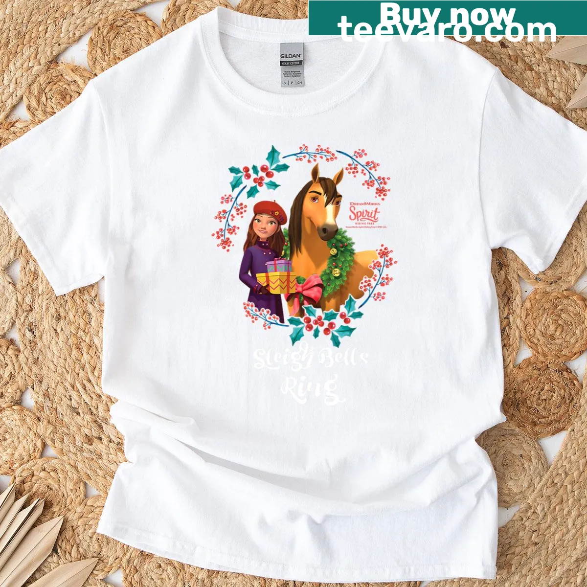 Dreamworks-inspired graphic tee featuring whimsical sleigh bells and characters. — on a men's t-shirt