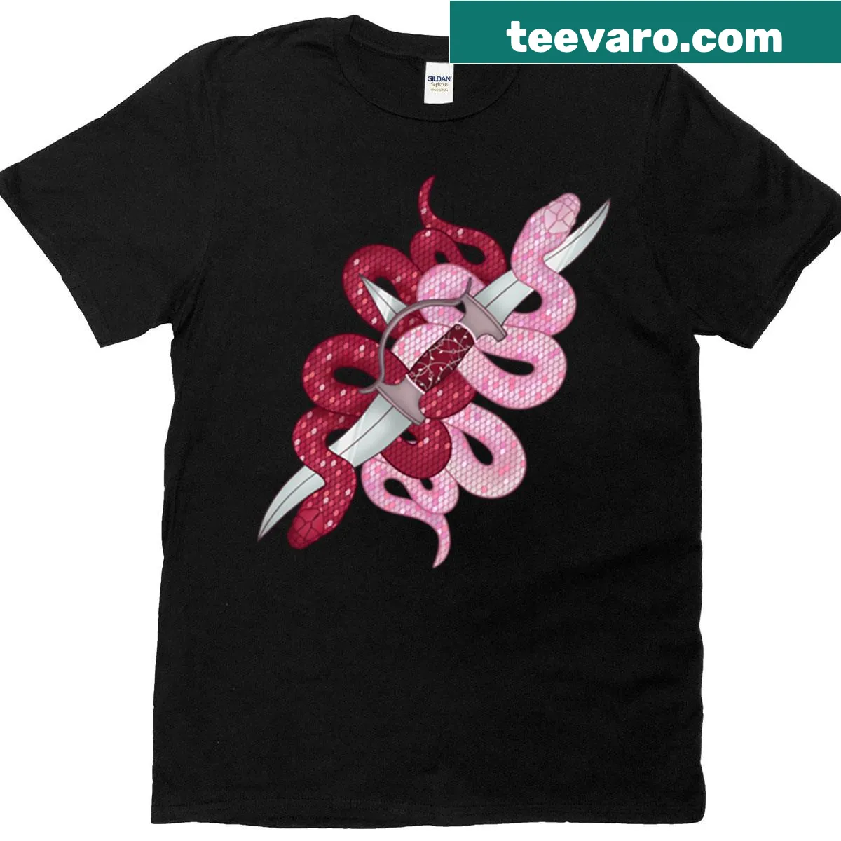 Graphic T-shirt featuring dual snakes in an intertwined design. — on a men's t-shirt