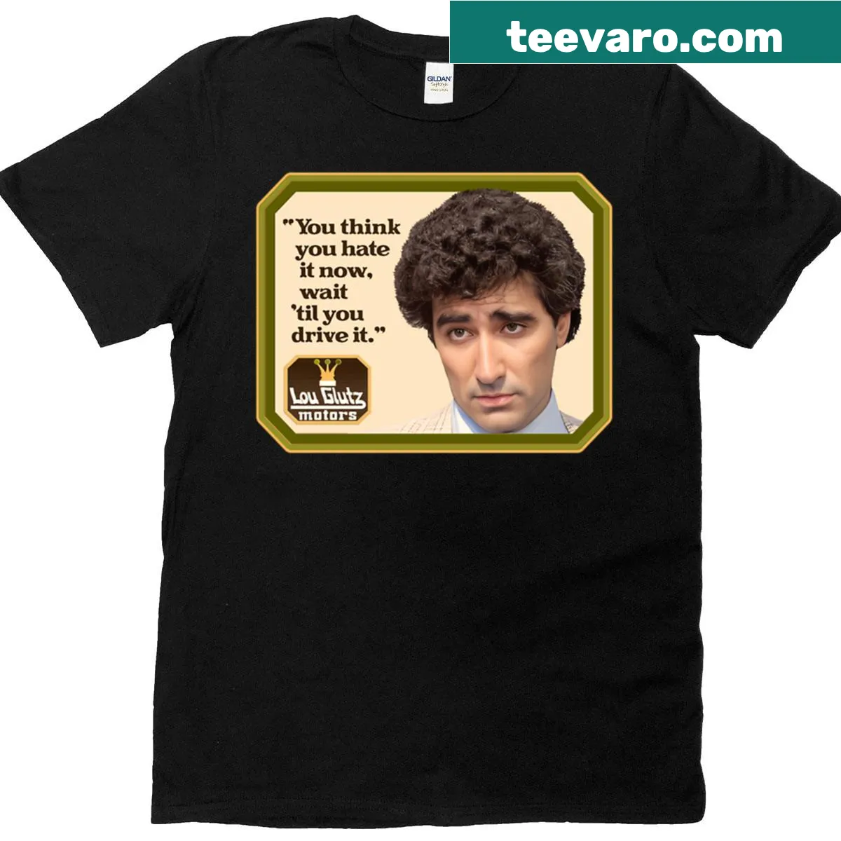 Ed From Lou Glutz Motors graphic on t-shirt — on a men's t-shirt