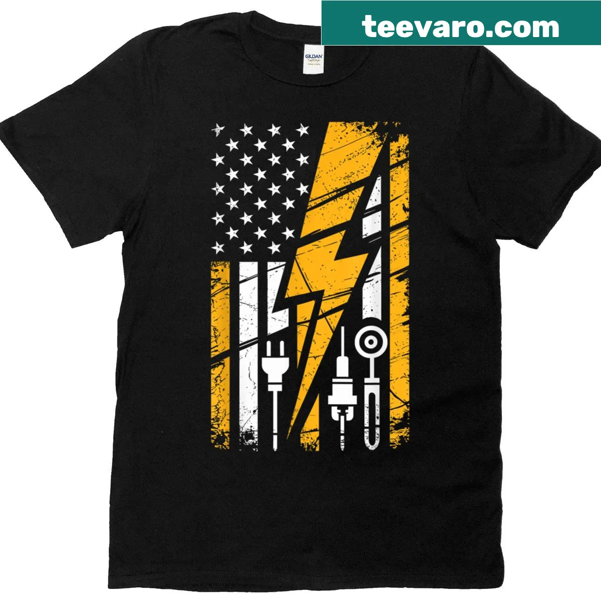 Vintage T-shirt with an electrician theme and US flag design. — on a men's t-shirt