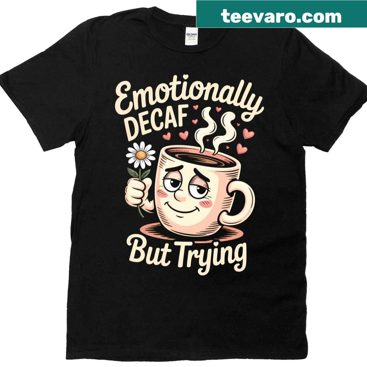 Cute coffee quote t-shirt with 'Emotionally Decaf But Trying' text — on a men's t-shirt