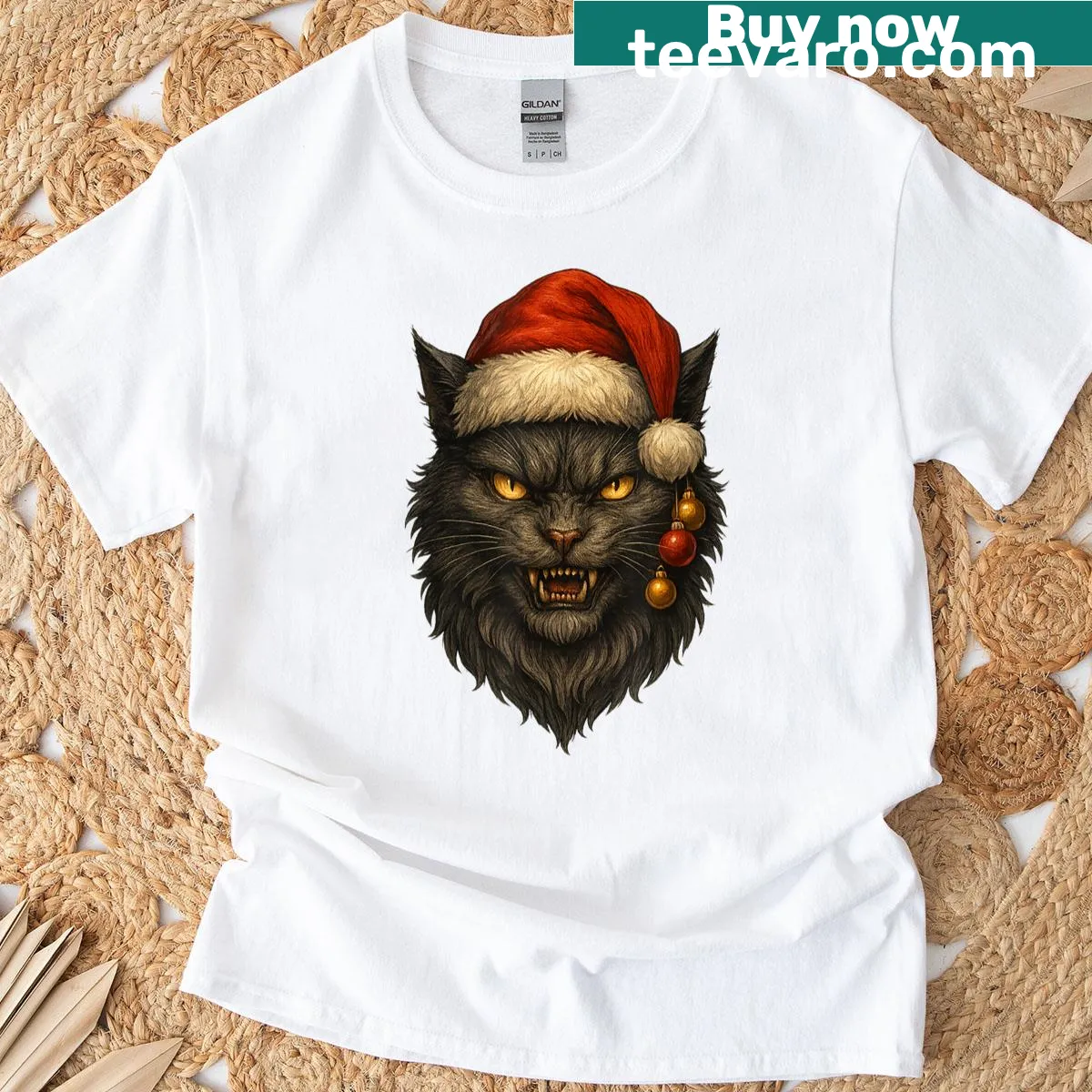 Cartoon evil Christmas cat in Santa hat with ornaments. — on a men's t-shirt