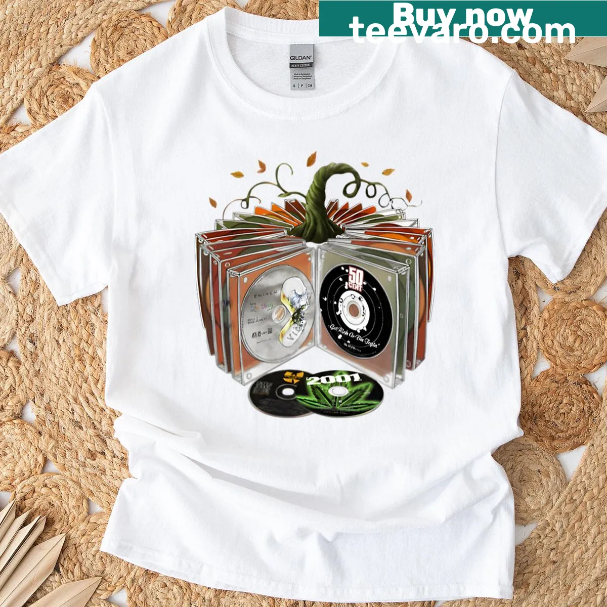 Autumn-themed T-shirt with pumpkin and rap album designs — on a men's t-shirt