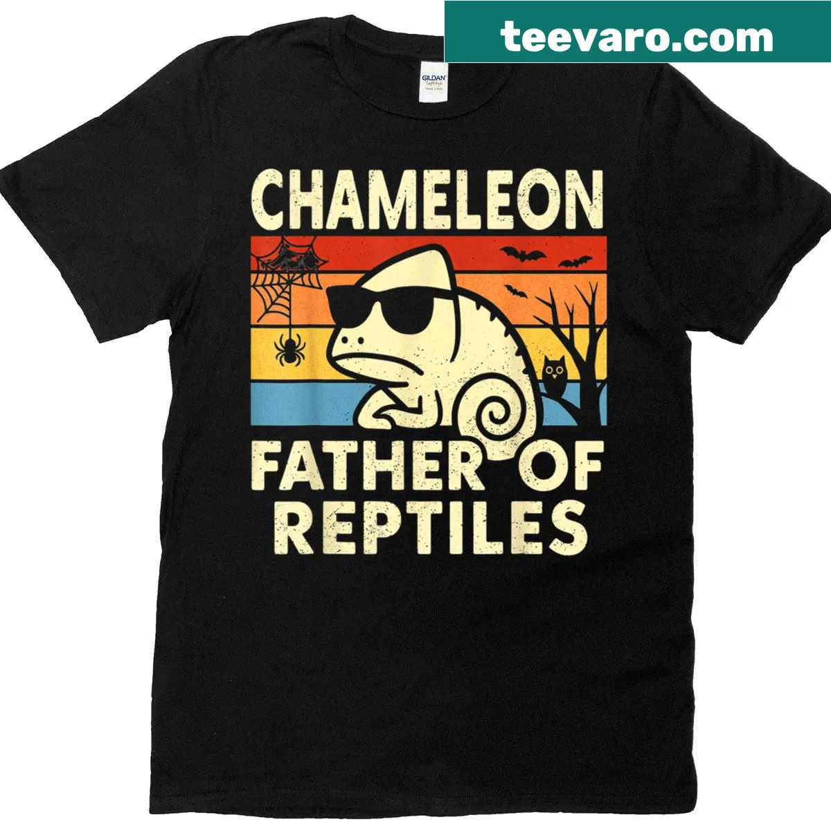 Funny t-shirt featuring a retro design with 'Father Of Reptiles' and a chameleon — on a men's t-shirt